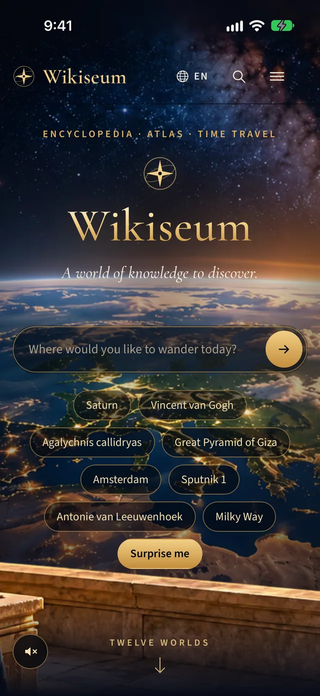 Het beginscherm van Wikiseum met een zoekveld boven een beeld van de aarde vanuit de ruimte