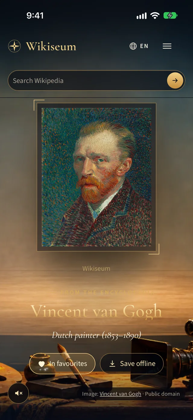 Het artikel over Vincent van Gogh, een portret in een lijst in een schildersatelier